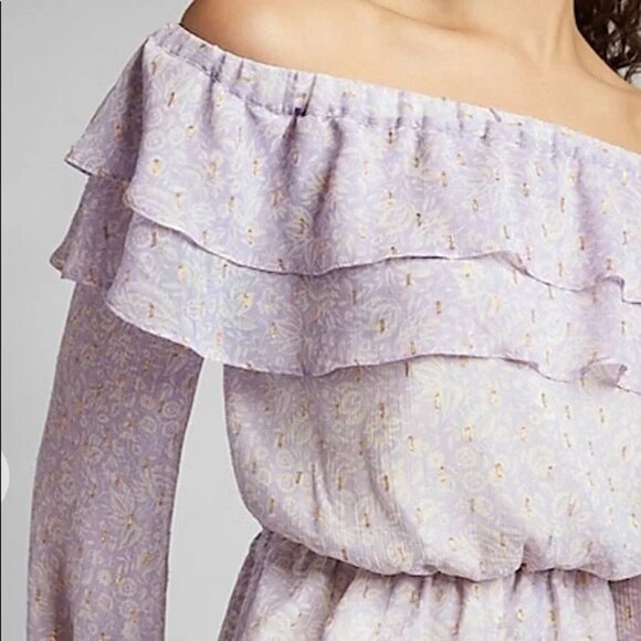 Express Floral Metallic Clip Dot Off The Shoulder Romper XL - Picture 2 of 7